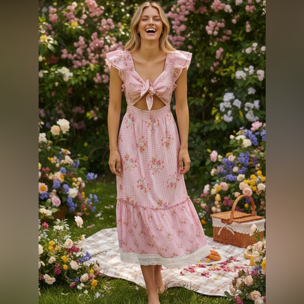 LoveShackFancy Pink Floral Gingham midi Dress Bow Cutout Cotton XL NWT - Picture 1 of 6